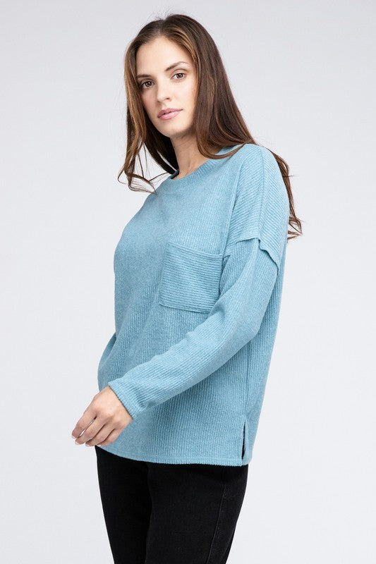 Zenana Ribbed Brushed Melange Hacci Pocket Sweater 5Colors S-XL