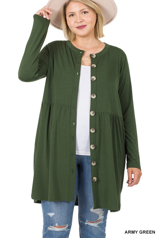 Zenana Plus Size Shirred Waist Buttoned Cardigan Green or Black