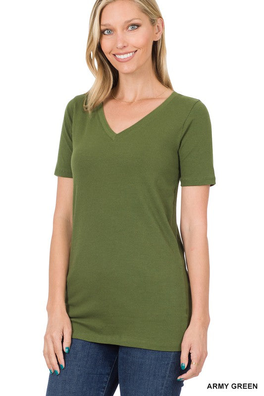 Zenana Cotton V-Neck Short Sleeve T-Shirts 13Colors S-XL