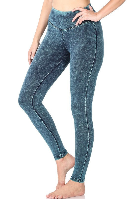 Zenana Mineral Washed Wide Waist Yoga Womens Leggings 3Colors S-XL