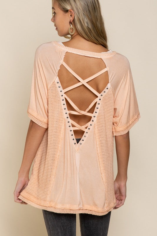 POL Clothing Studded Strappy Back Waffle Mixed Knit Top 3Colors
