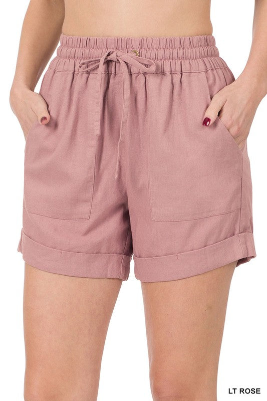 Zenana Linen Drawstring Shorts with Pockets 3Colors S-XL