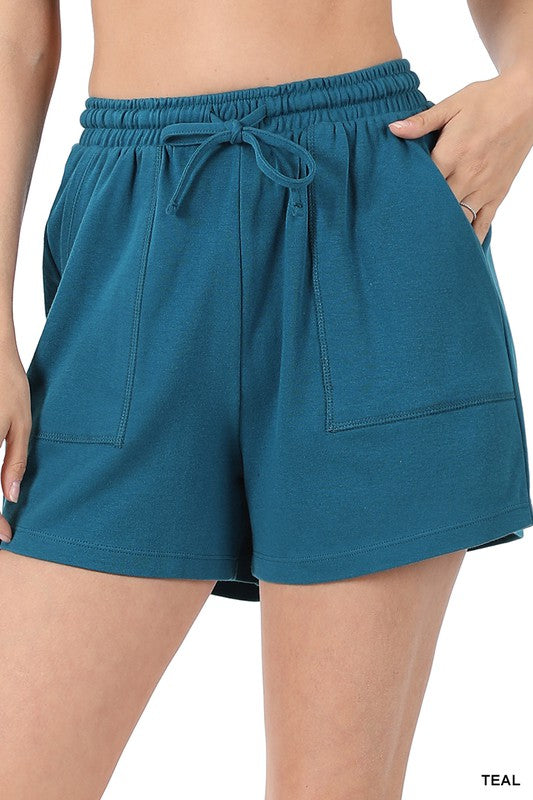 Zenana Cotton Drawstring Waist Shorts Teal or Bone S-XL