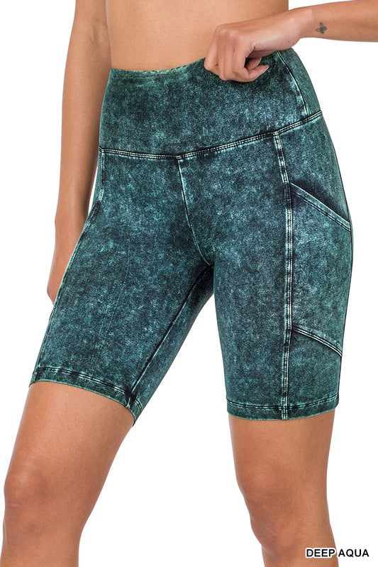 Zenana Mineral Wash Pocket Biker Womens Shorts 10Colors S-XL