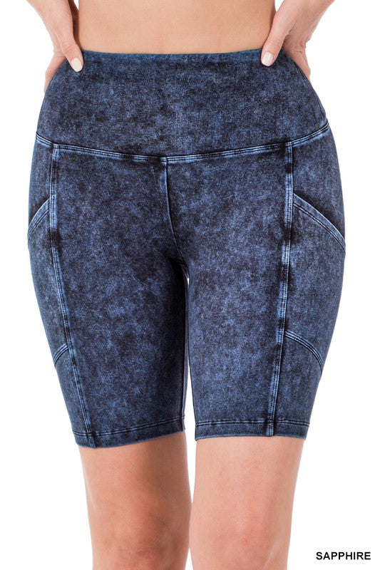 Zenana Mineral Wash Pocket Biker Womens Shorts 10Colors S-XL