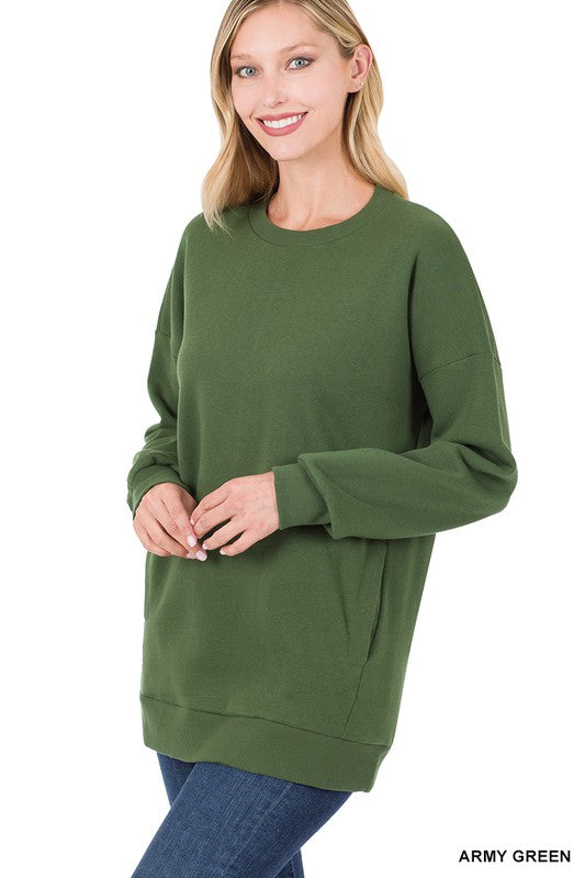 Zenana Round Neck Sweatshirt Side Pockets 5Colors S-XL