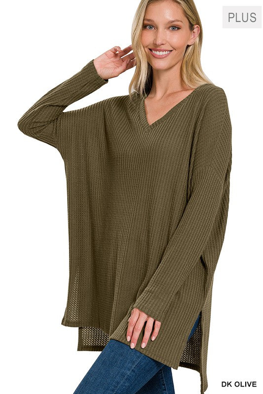 Zenena Plus Size Brushed Thermal Waffle Sweater 5Colors