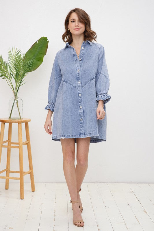 Blue B Cotton Washed Denim Womens Dress Tunic S-L Blue or Pink