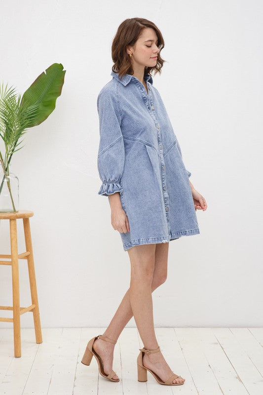Blue B Cotton Washed Denim Womens Dress Tunic S-L Blue or Pink