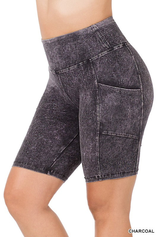 Zenana Plus Size Mineral Wash Pocket Biker Womens Shorts 10Colors S-XL