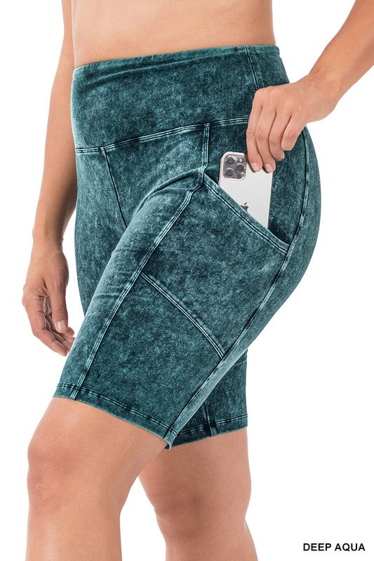 Zenana Plus Size Mineral Wash Pocket Biker Womens Shorts 10Colors S-XL