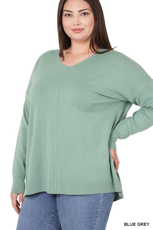 Zenana Plus Size Hi-Low Center Seam Sweater Black 1X-3X