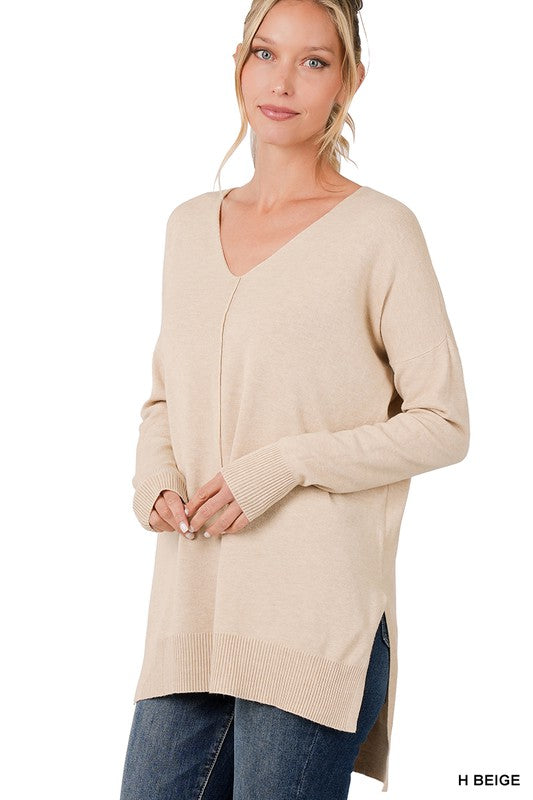 Zenana Hi-Low Center Seam V-Neck Sweater 4Colors S-XL