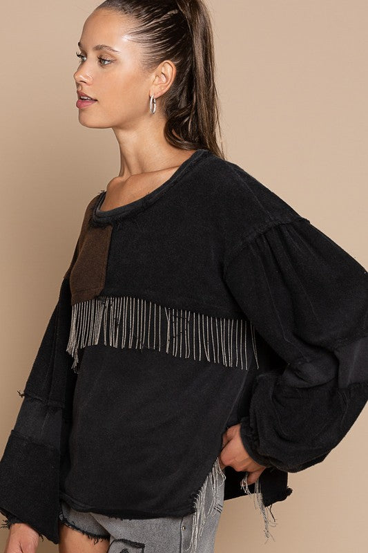 POL Clothing Metal Fringe detailed French Terry Top S-L