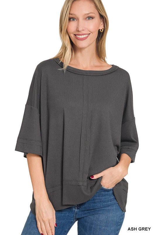 Zenana Ribbed Dolman Sleeve Top Front Seam 4Colors S-XL