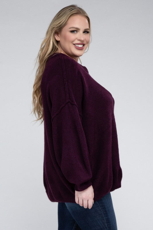 Zenana Plus Size Oversized Raw Seam Melange Sweater 5Colors