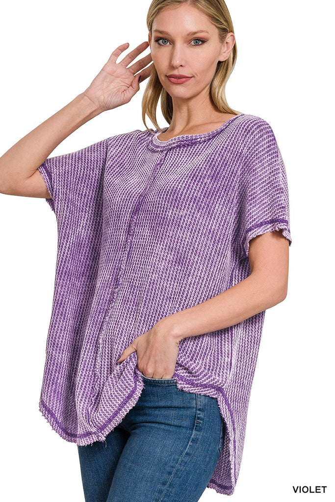 Zenana Mineral Washed Waffle Cotton Short Sleeve Womens Top 5Colors S-XL