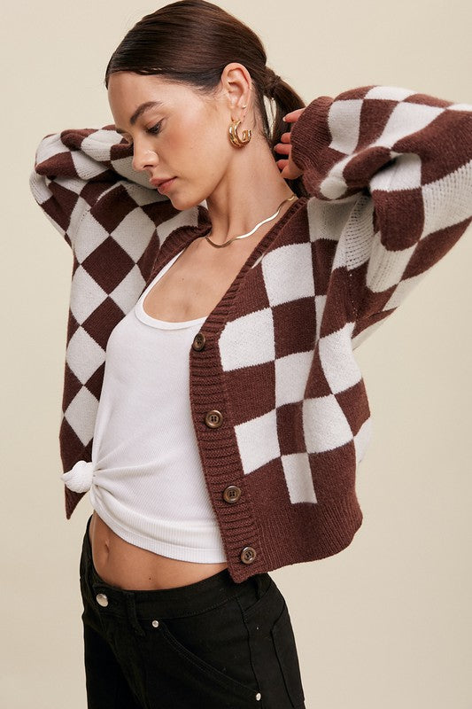 Listicle Checker Board Sweater Crop Cardigan 3Colors Sm-Lg