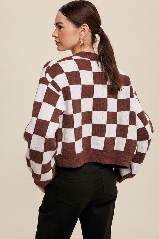 Listicle Checker Board Sweater Crop Cardigan 3Colors Sm-Lg