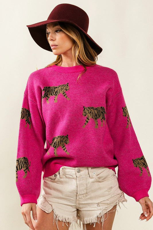 Bibi Tiger Pattern Relaxed Fit Womens Sweater 4 Colors S-XL