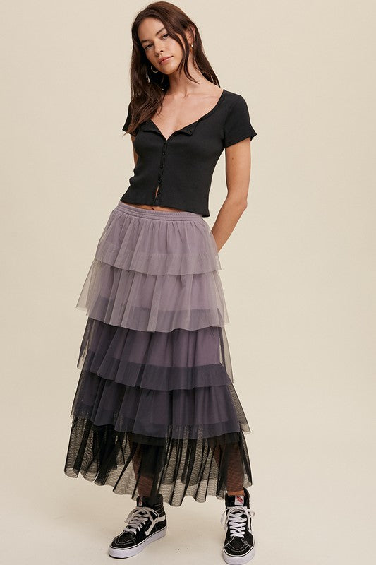 Listicle Gradient Style Tiered Mesh Tulle Womens Maxi Skirt S-L