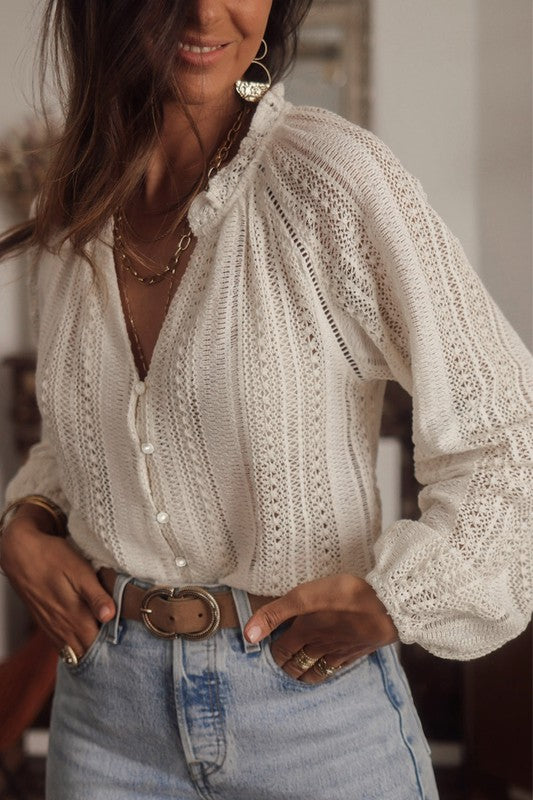 EG Fashion Crochet Lace v-neck knit Cotton blouse S-2X Black or Ivory