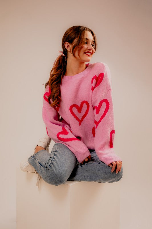 Le Lis Long Sleeve Pink Heart Printed Sweater XS-Med