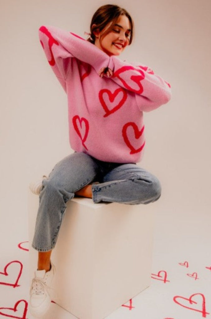 Le Lis Long Sleeve Pink Heart Printed Sweater XS-Med