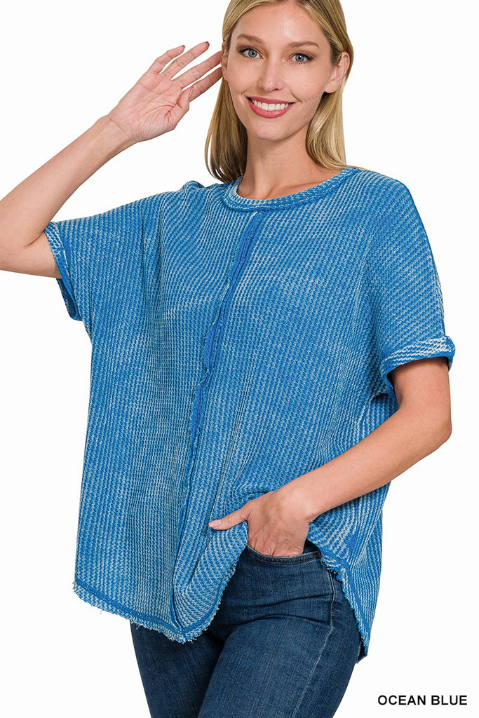 Zenana Mineral Washed Waffle Cotton Short Sleeve Womens Top 3Colors S-XL