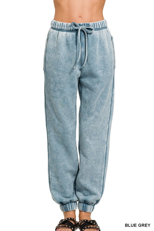 Zenana Acid Wash Fleece Sweatpants w/Pockets S-XL 3Colors