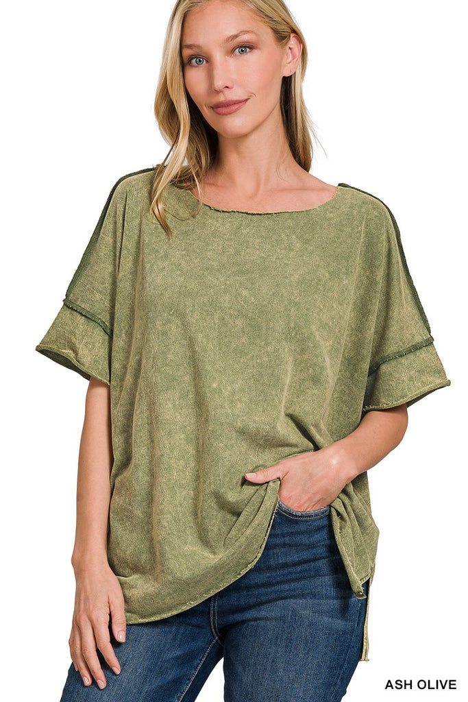 Zenana Washed French Terry Womens Raw Edge Top Olive S-XL