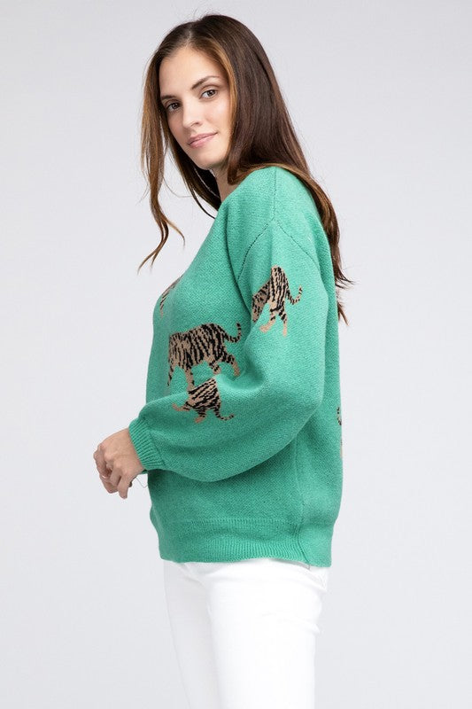 Bibi Tiger Pattern Relaxed Fit Womens Sweater 4 Colors S-XL