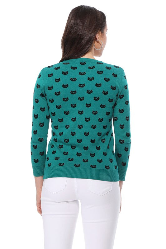 Mak Round Neck Cat Patterned Cardigan Sweater 8 Colors