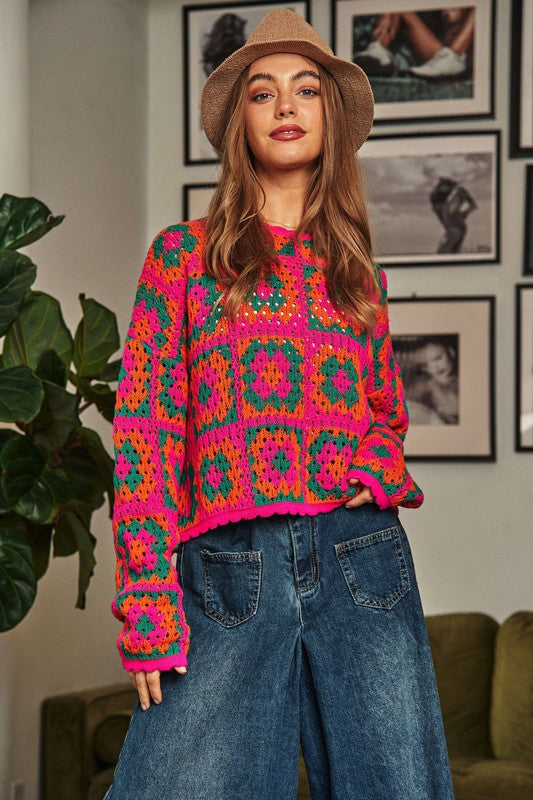 Davi & Dani Crochet Patchwork Pullover Sweater S-XL 2 Colors