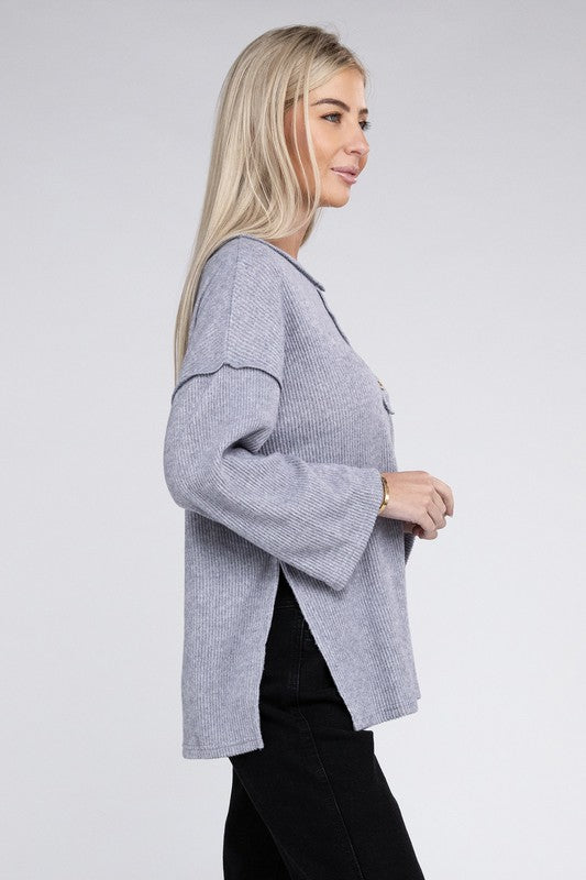 Zenana Ribbed Brushed Melange Hacci Henley Sweater 5Colors S-XL