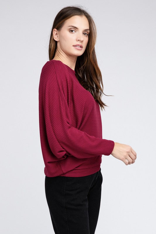 Zenana Ribbed Batwing Boat Neck Sweater 3Colors S-XL
