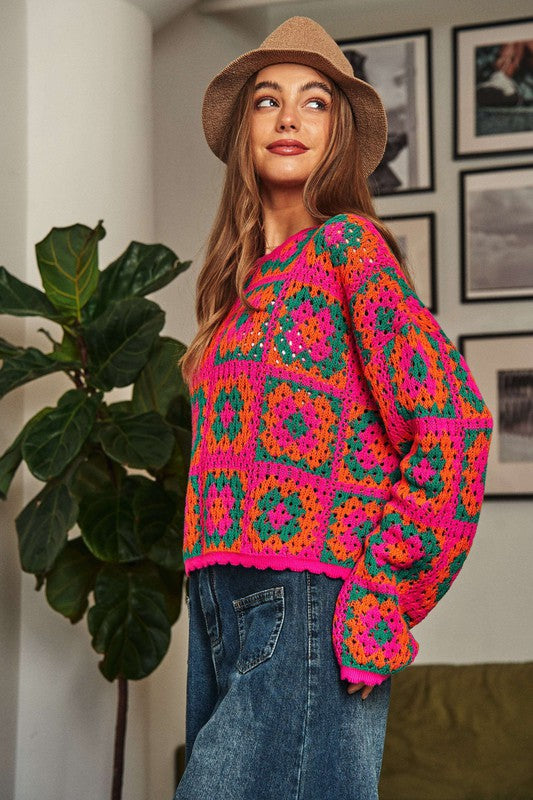 Davi & Dani Crochet Patchwork Pullover Sweater S-XL 2 Colors