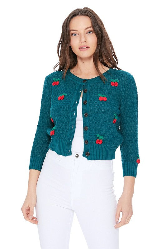 Mak Cherry Crochet Pom Pom Cardigan Sweater 4Colors S-L