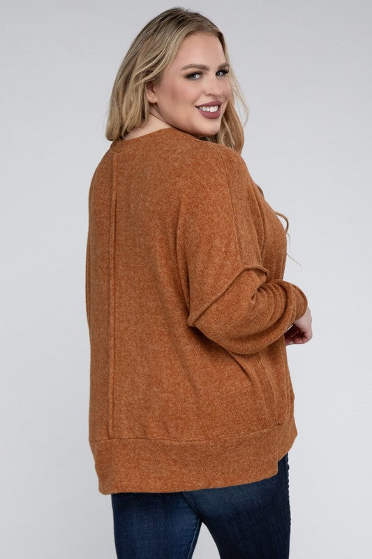 Zenana Plus Size Brushed Melange Drop Shoulder Sweater 5Colors