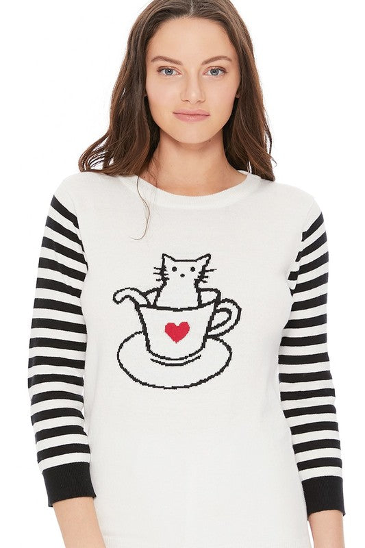 Mak Cute Cat In Cup Jacquard Sweater Top S-L