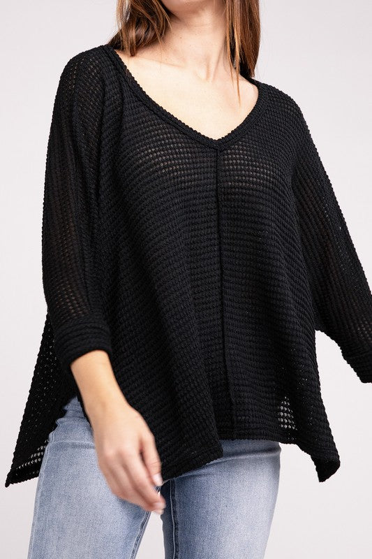 Zenana 3/4 Sleeve V-Neck Hi-Low Jacquard Sweater 6Colors S-L