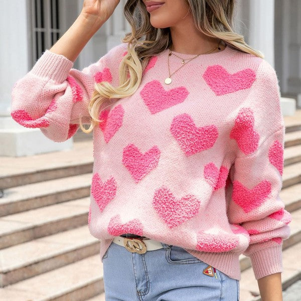 EG Fashion Fuzzy heart pink knit pullover sweater S-XL
