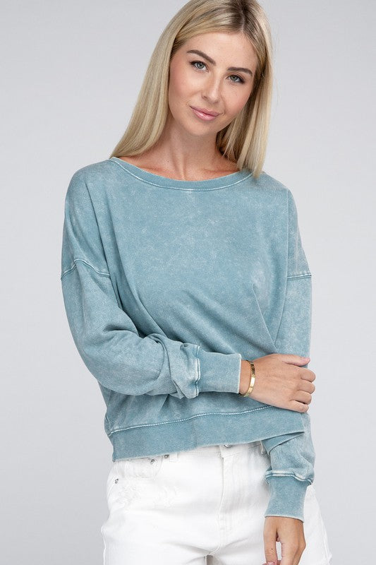 Zenana French Terry Acid Wash Boat Neck Pullover 4Colors S-L