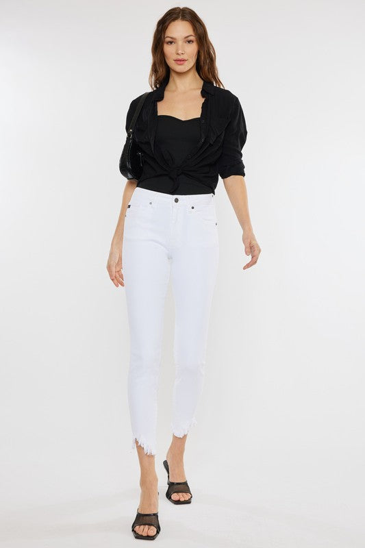 Kan Can White High Rise Hem Detail Ankle Skinny Jeans