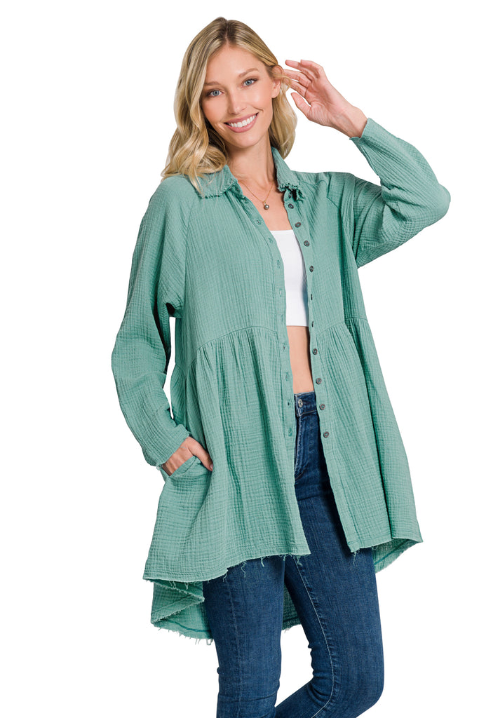 Zenana Cotton Gauze Peplum Shirt with Pockets 2Colors S-XL