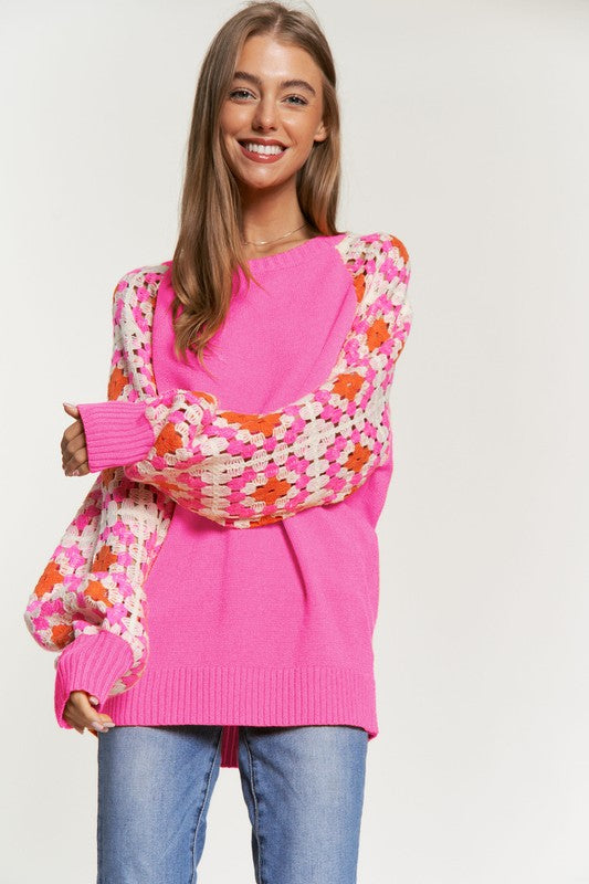 Davi & Dani Crochet Detailed Knit Sweater Top Pink or White S-L