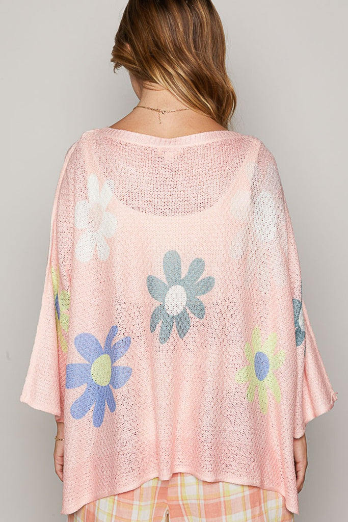 POL Clothing Flower Dropped Shoulder Long Sleeve Womens Knit Top