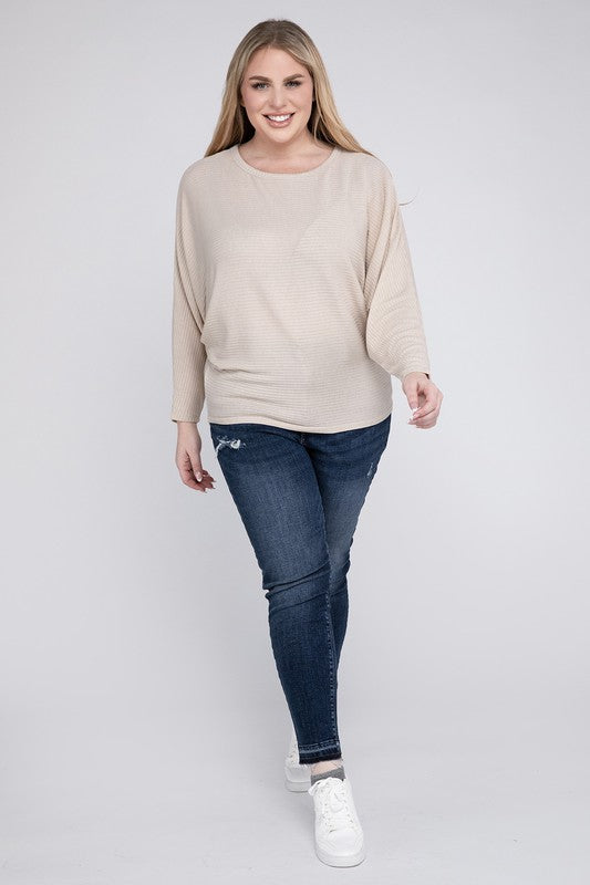 Zenana Plus Size Ribbed Batwing Boat Neck Sweater 5Colors 1x-3X