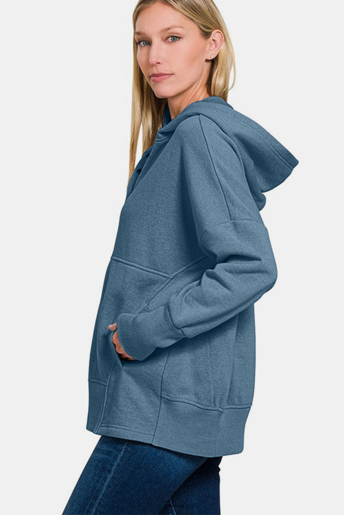 Zenana Half Snap Long Sleeve Womens Hoodie with Kangaroo Pocket