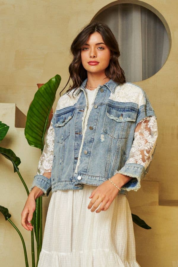 Davi & Dani Embroidery Lace Distressed Womens Denim Jacket S-L